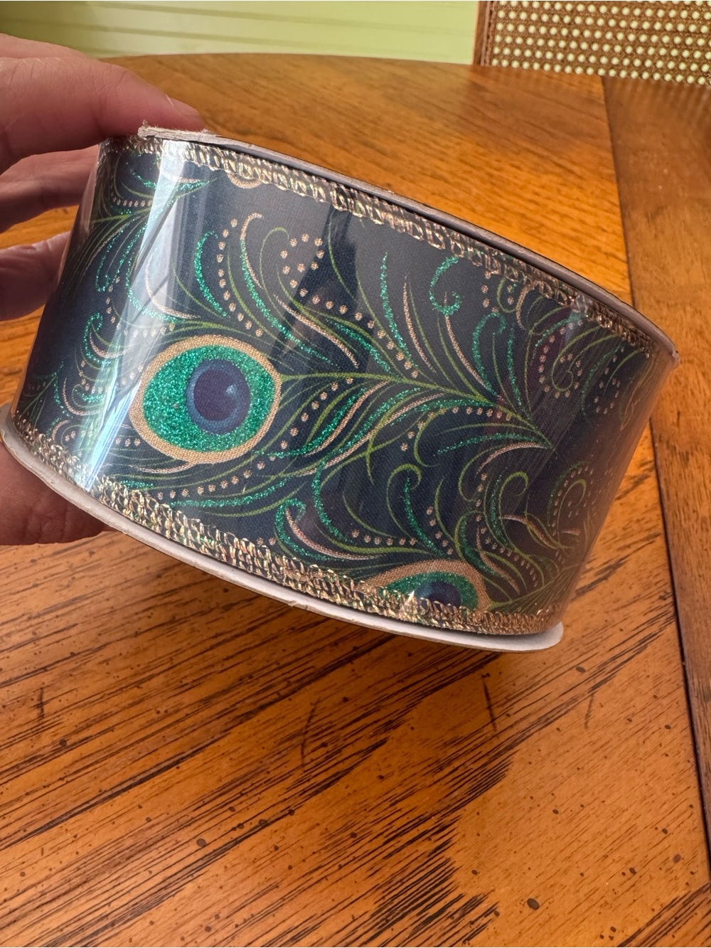 Peacock Feather Decorative Ribbon with Glitter Accents